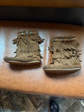 Minnetonka Kids Tan Suede Fringe Boots with Concho Accents